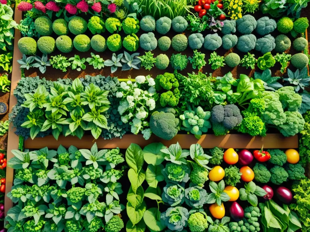 Un exuberante jardín con vegetales, frutas y flores en armonía