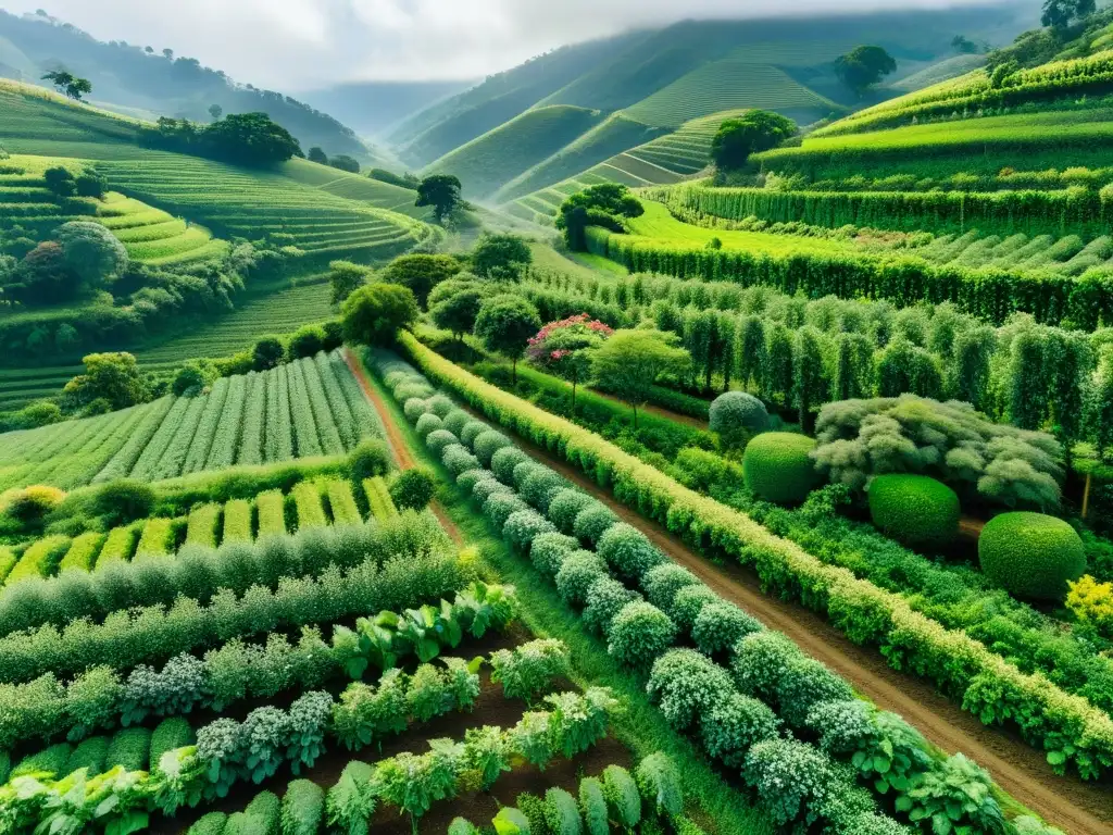 Un exuberante y vibrante cultivo agroforestal rebosante de diversidad, con técnicas de agroforestería para cultivos orgánicos