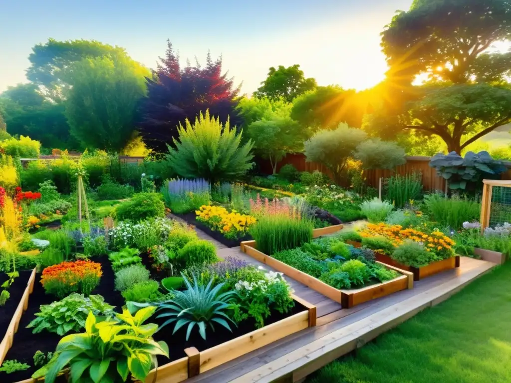 Jardín permacultural exuberante y vibrante con diversidad de frutas, verduras y hierbas