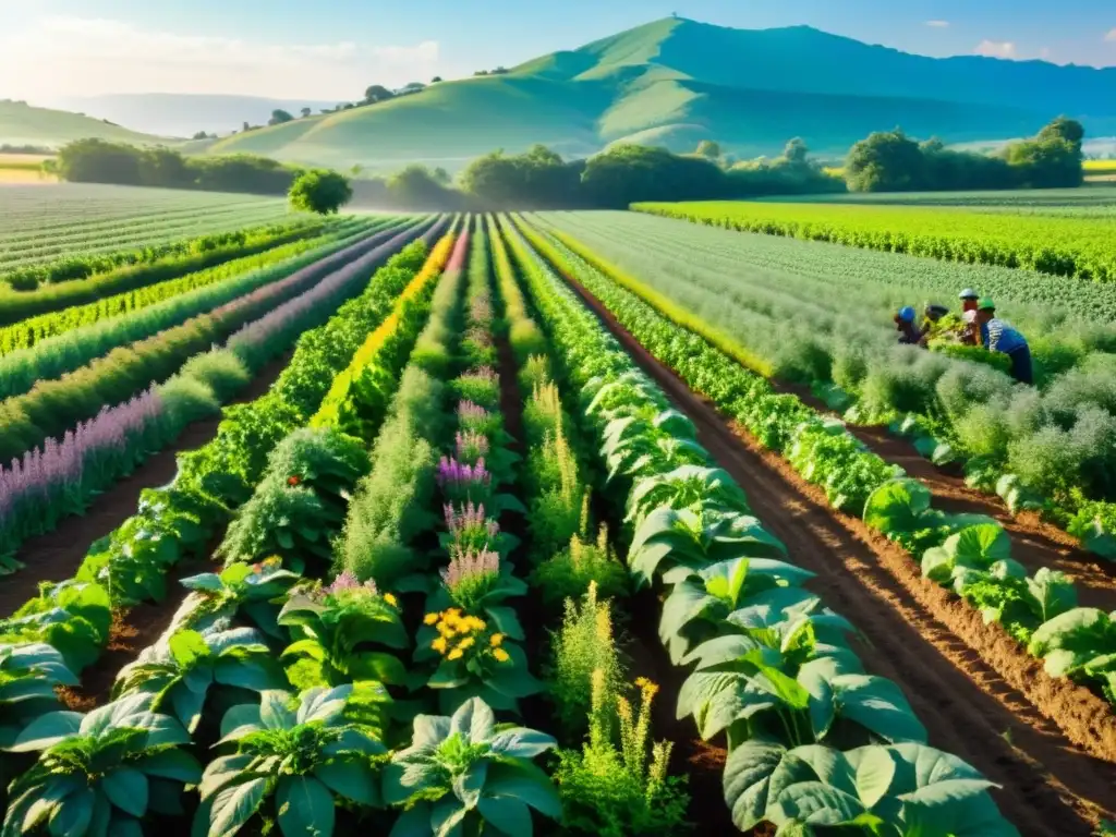 Una exuberante y vibrante granja agroecológica con cultivos anuales y perennes en armonía