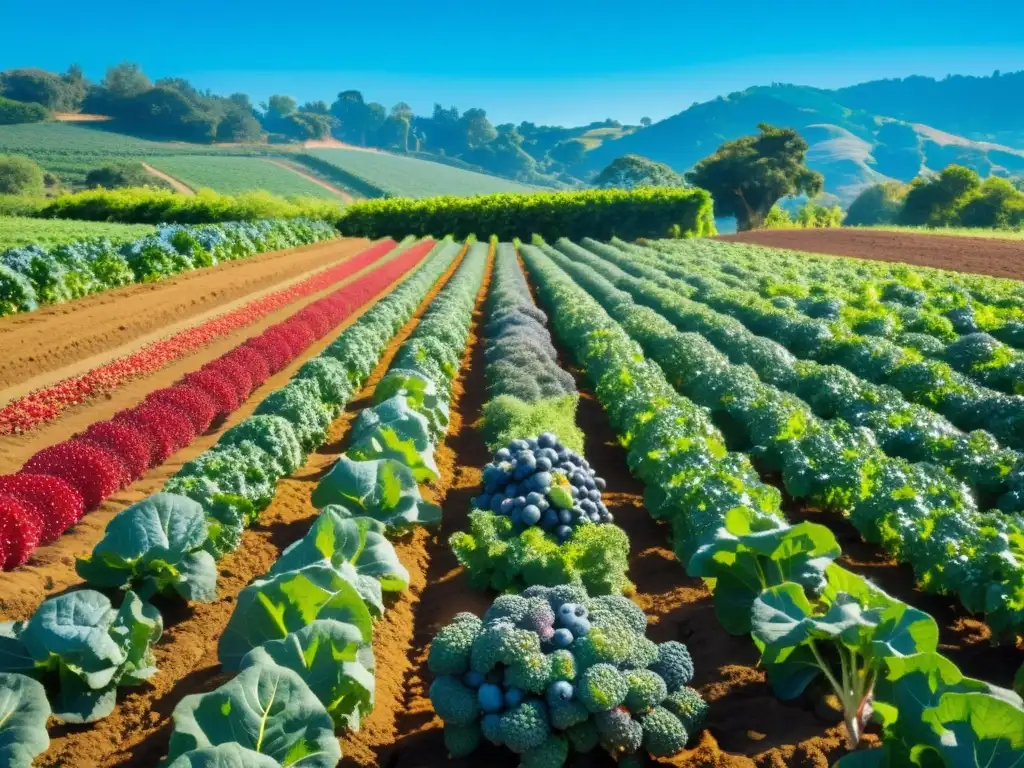 Una exuberante y vibrante granja orgánica con cultivos de superalimentos coloridos como la col rizada, arándanos y granadas bajo un cielo azul claro