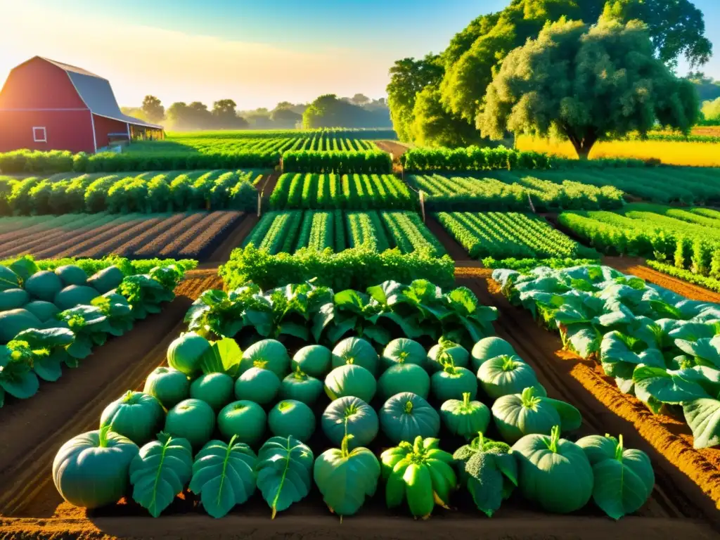 Una exuberante y vibrante granja orgánica con hileras de frutas y verduras coloridas, bañadas por la luz dorada del sol