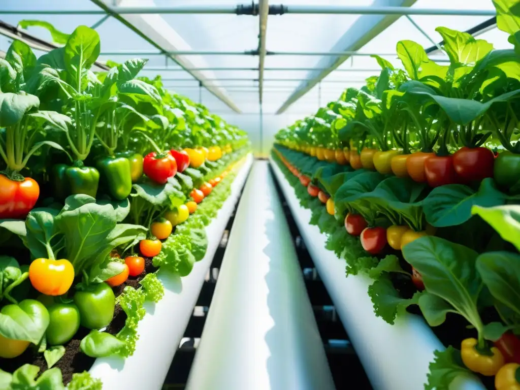 Una exuberante y vibrante huerta hidropónica llena de lechuga verde, tomates maduros y pimientos de colores