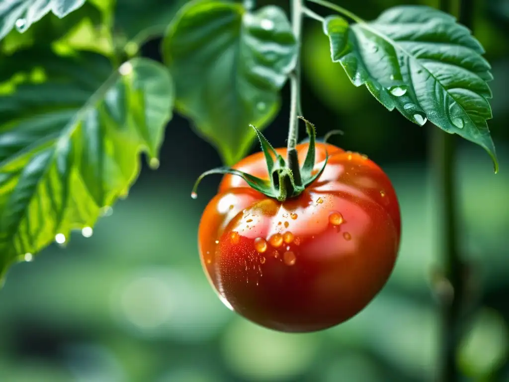 Una exuberante y vibrante imagen de un tomate orgánico perfectamente formado, con gotas de agua brillando en su piel suave, rodeado de hojas verdes