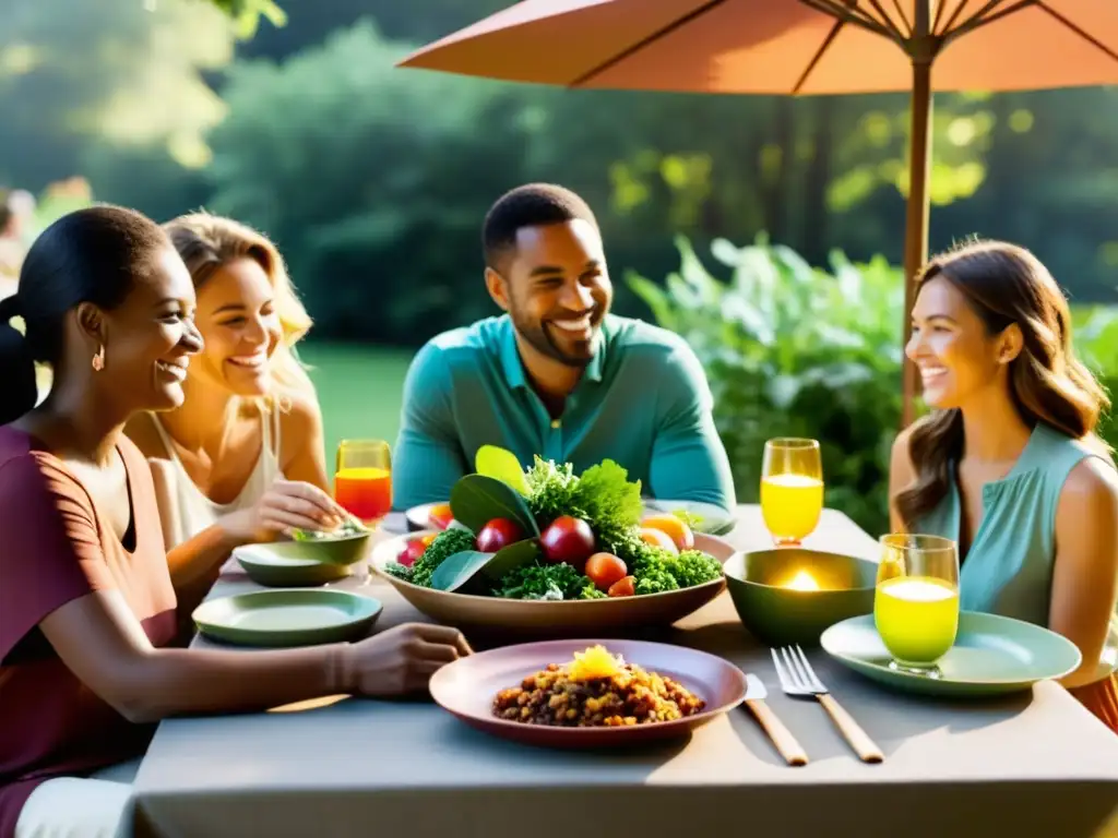 Una familia disfruta de un almuerzo orgánico al aire libre, rodeada de platos coloridos y ingredientes frescos