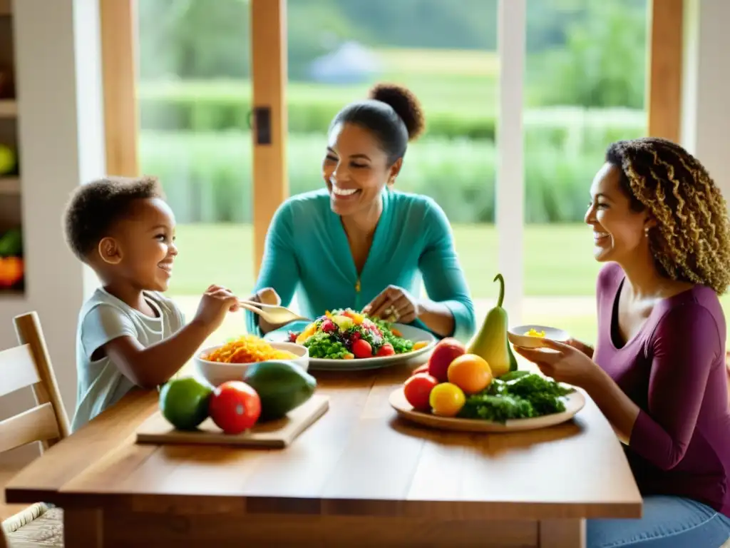 Una familia disfruta de un almuerzo orgánico alrededor de una mesa de madera, compartiendo recetas y sonrisas en un ambiente cálido y acogedor