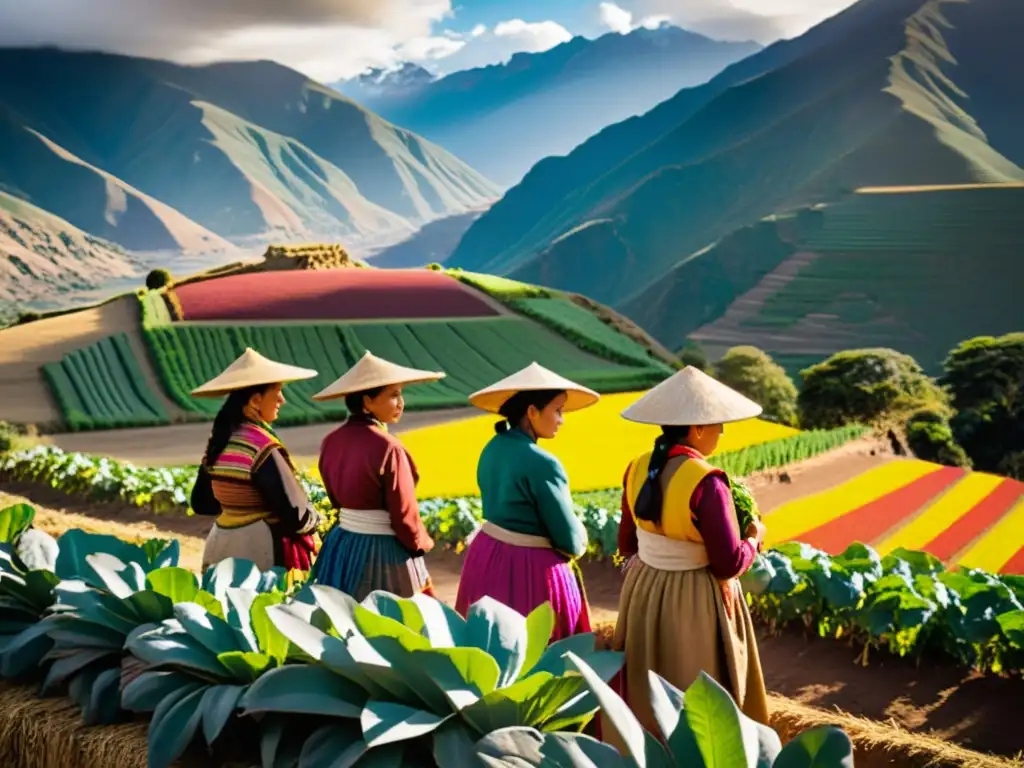 Una familia andina cosechando cultivos orgánicos en un paisaje colorido