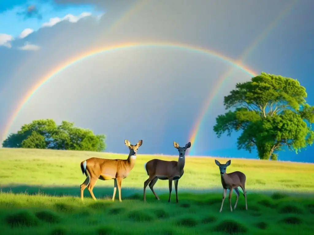 Una familia de ciervos pacíficamente pastando en un prado verde exuberante, con un arco iris vibrante en el cielo azul claro al fondo