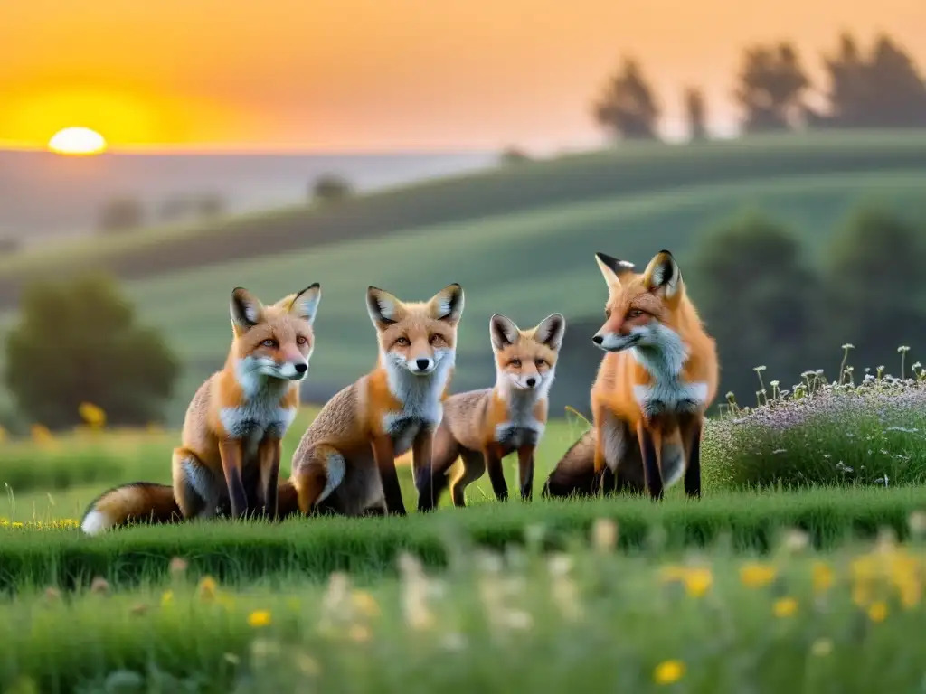 Una familia de zorros rojos juega en un campo orgánico exuberante al atardecer, rodeada de flores silvestres