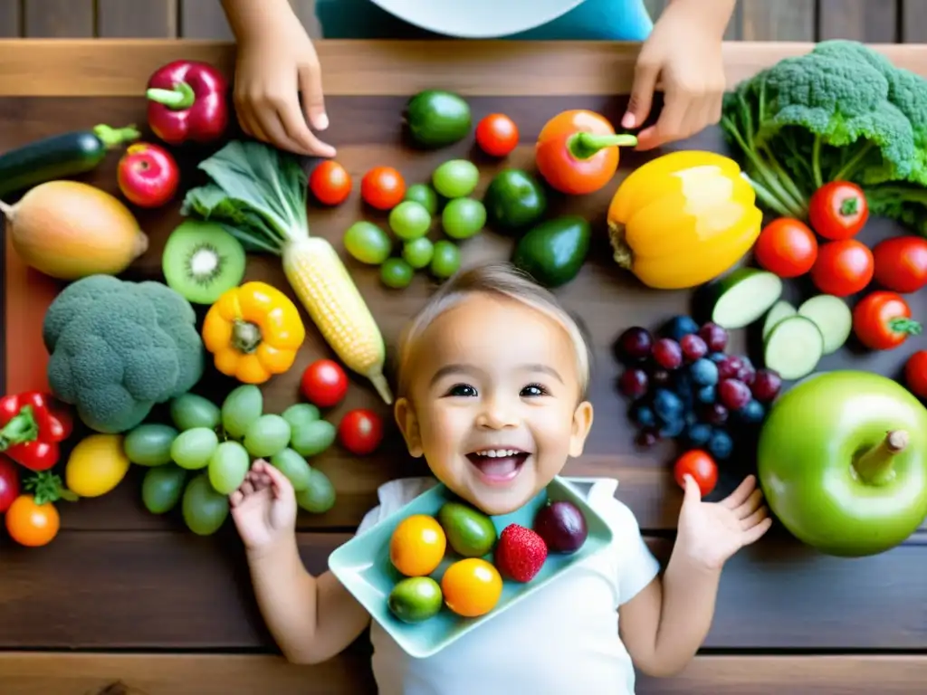 Niño feliz alcanzando plato de alimentos orgánicos para niños con alergias