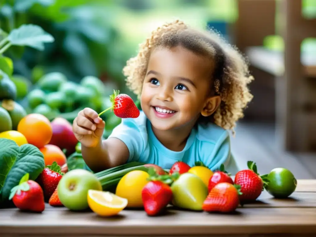 Niño feliz rodeado de frutas y verduras orgánicas, disfrutando de los beneficios de alimentos orgánicos para niños