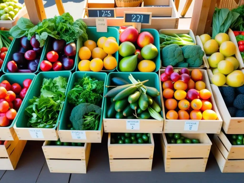 Una feria de agricultores rebosante de frutas y verduras orgánicas, iluminada por el sol