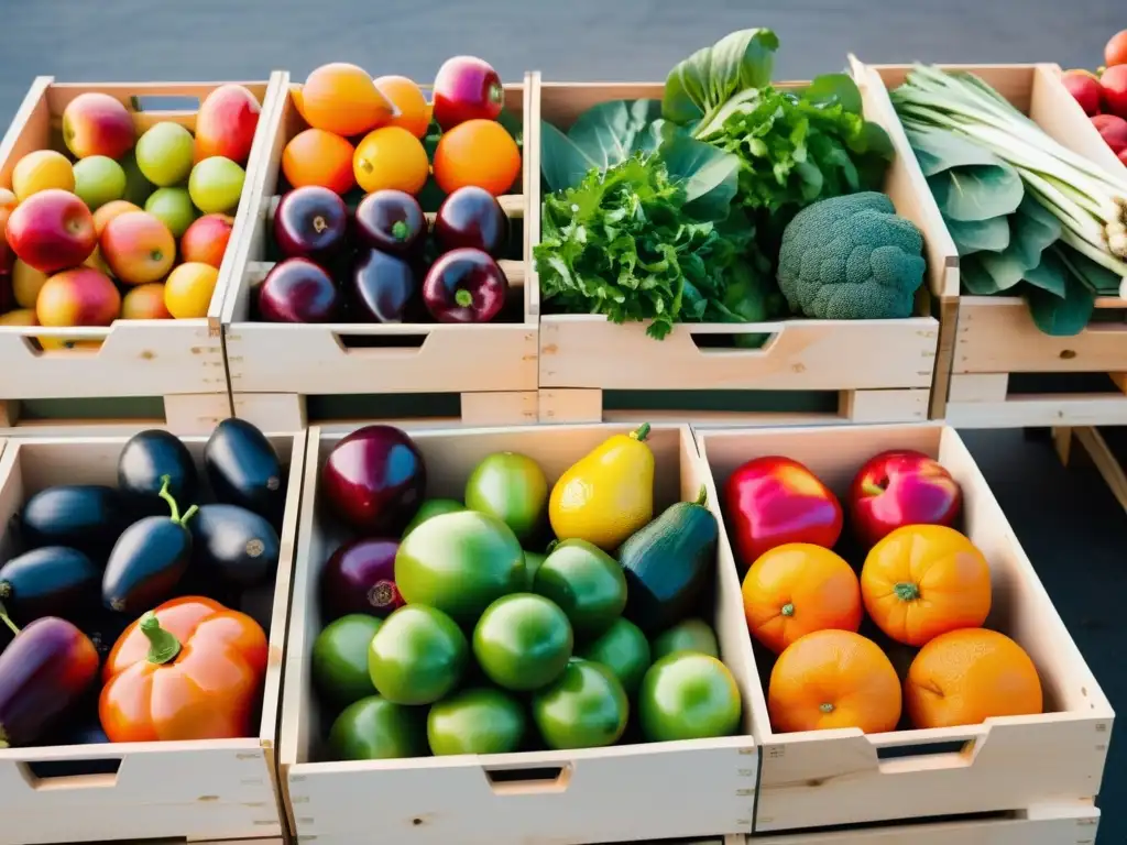 Una feria de agricultores vibrante y colorida con frutas y verduras orgánicas, bañadas por la cálida luz del sol