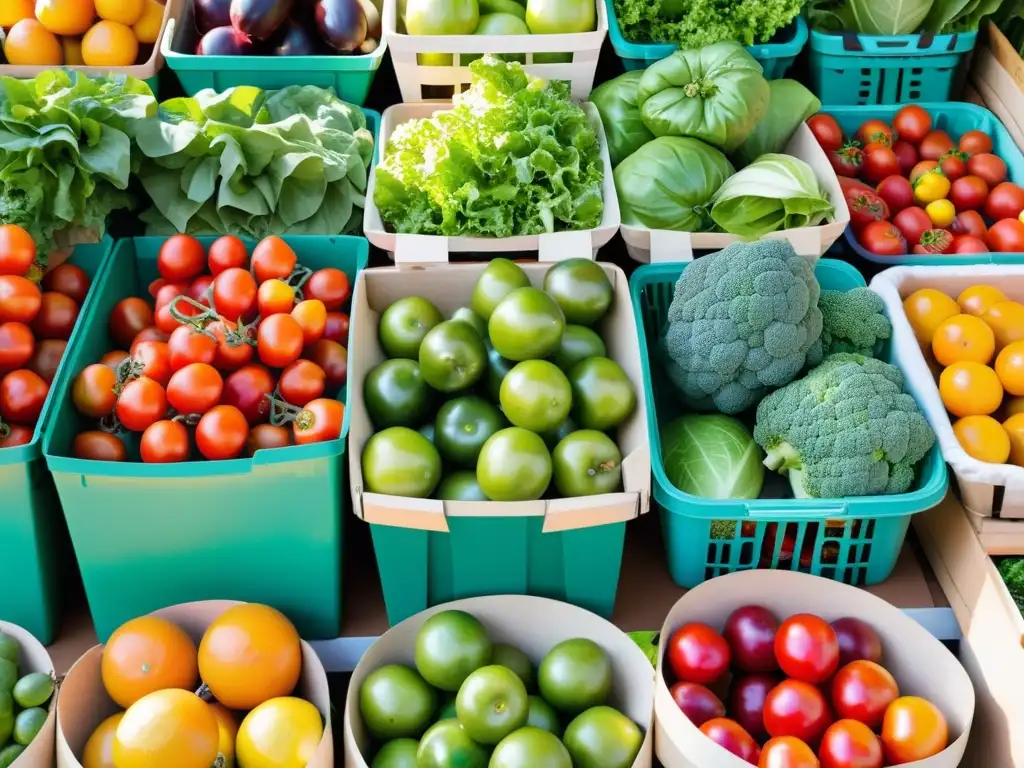 Una feria de alimentos orgánicos en dieta baja: coloridos frutos y vegetales frescos bajo la cálido sol