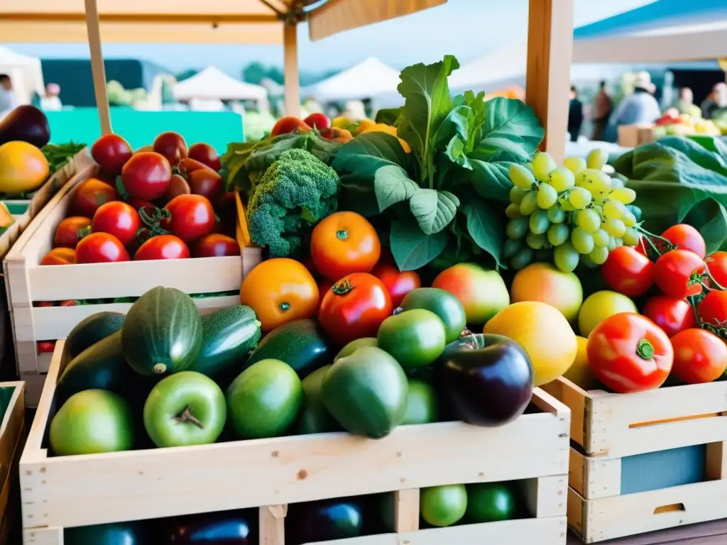 Una feria llena de frutas y verduras orgánicas, coloridas y frescas, bajo un cielo brillante