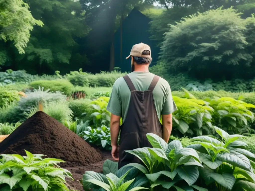 Fertilidad natural: compostaje agroforestería en un paisaje sereno y productivo con una pila de compost oscuro humeante en primer plano