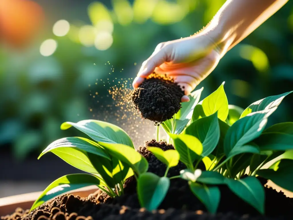 Fertilizantes orgánicos caseros siendo esparcidos sobre planta exuberante en jardín soleado, resaltando textura y colores naturales