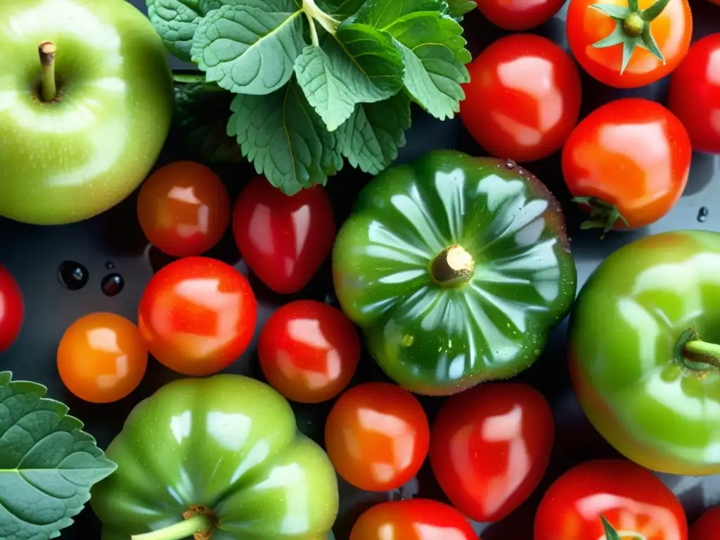 Frescura Orgánica: Frutas y Verduras Vibrantes Un festín de alimentos orgánicos prevención cáncer: jugosas fresas, manzanas verdes, kale y tomates frescos, goteando pureza y salud