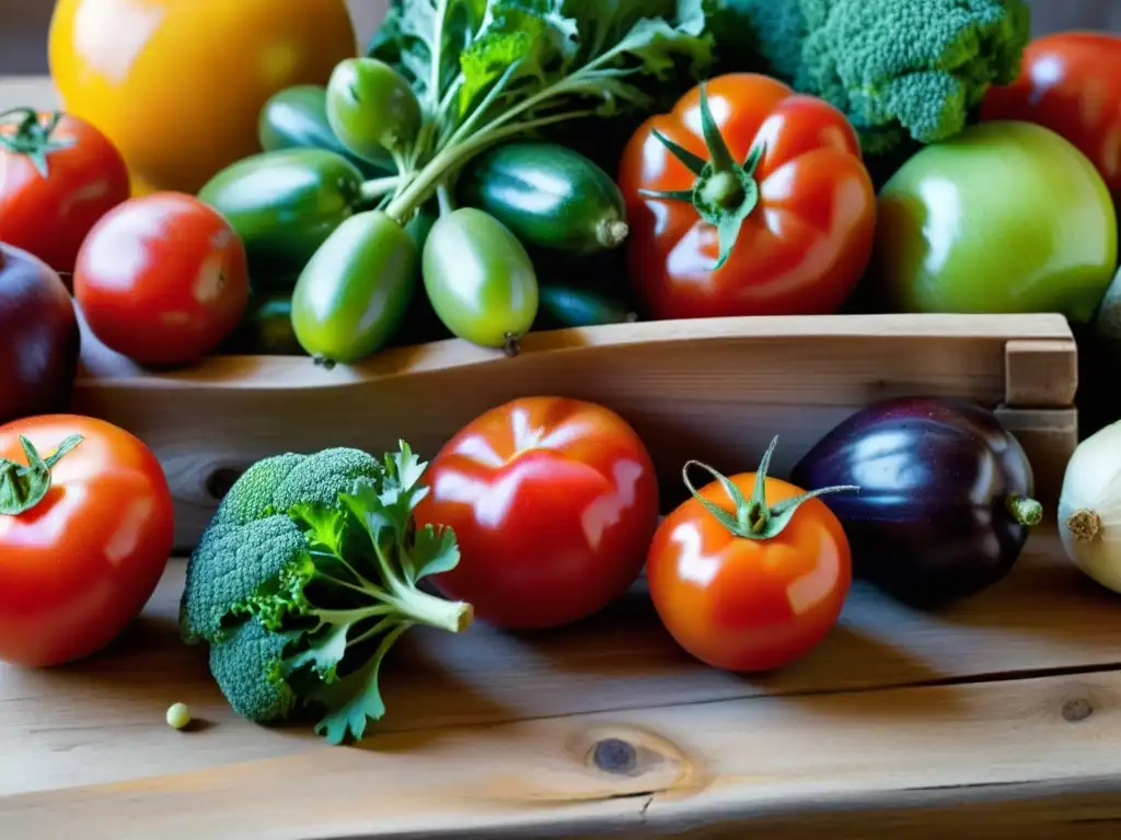 Un festín de frutas y verduras orgánicas frescas y vibrantes, resplandece en una mesa rústica