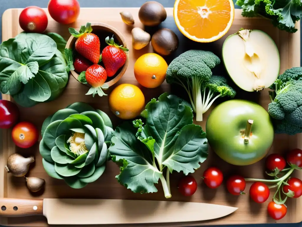 Un festín de frutas y verduras orgánicas frescas en tabla de cortar de madera