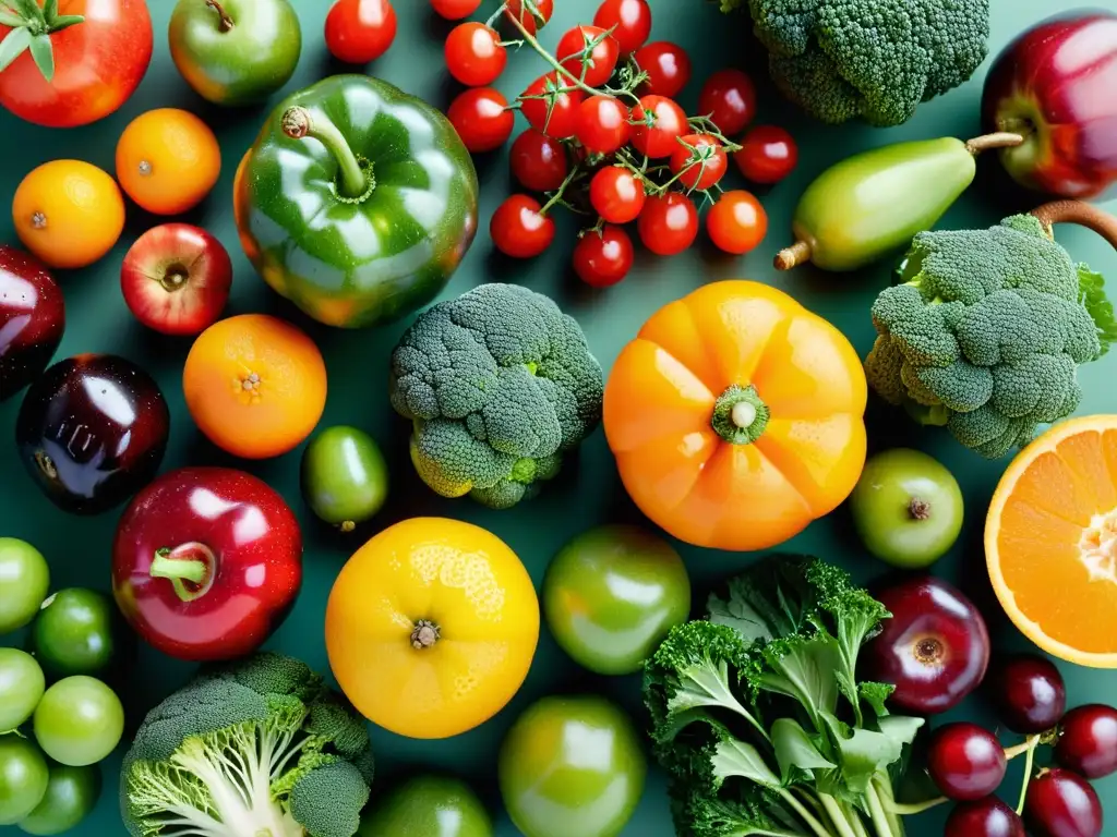 Un festín visual de frutas y verduras orgánicas, frescas y vibrantes, resplandeciendo con vitalidad y colores ricos