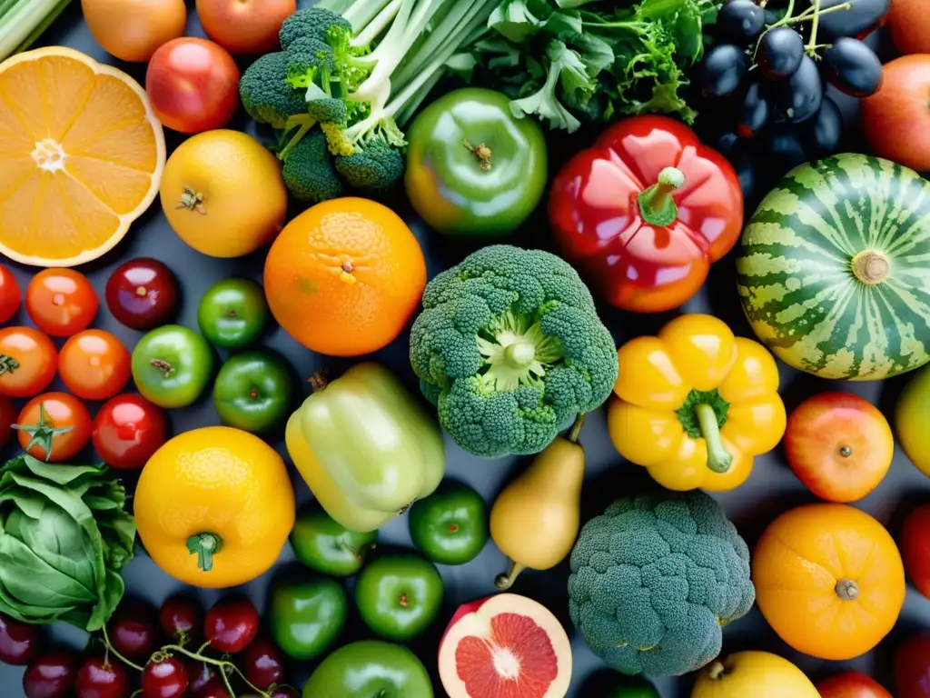 Un festín visual de frutas y verduras orgánicas, con colores vibrantes y frescura, ideal para la eficacia suplementos orgánicos nutrición humana