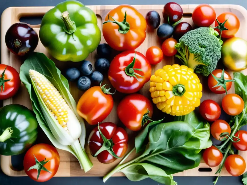 Un festín visual de vegetales y frutas orgánicas frescas en tabla de madera