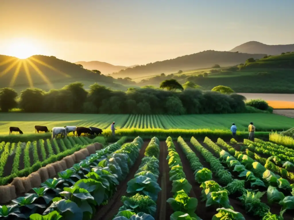 Formación de agricultores orgánicos en una granja agroecológica, cuidando sus cultivos bajo el cálido sol de la tarde