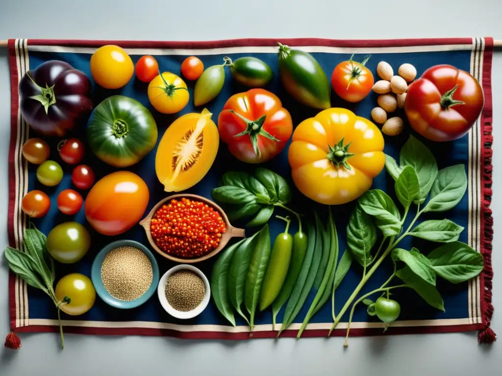 Una foto de alimentos orgánicos ancestrales revela la biodiversidad de cultivos con tomates, granos y frutas únicas en una composición minimalista