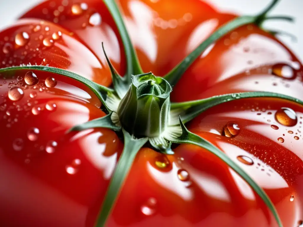 Foto detallada de un tomate orgánico maduro con gotas de agua, resaltando la frescura y los beneficios de los alimentos orgánicos procesados