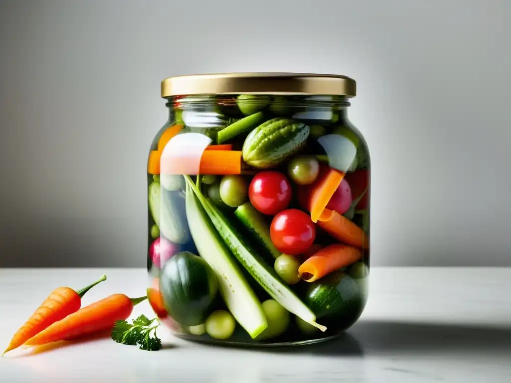 Deliciosas verduras encurtidas: el arte de la fermentación Un frasco de cristal lleno de coloridas verduras orgánicas encurtidas, con burbujas en la superficie