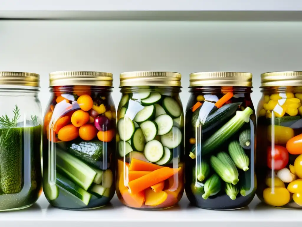 Deliciosas verduras encurtidas en tarro de cristal Un frasco de cristal repleto de encurtidos orgánicos coloridos, con ingredientes frescos sumergidos en hierbas y especias, iluminado por luz natural