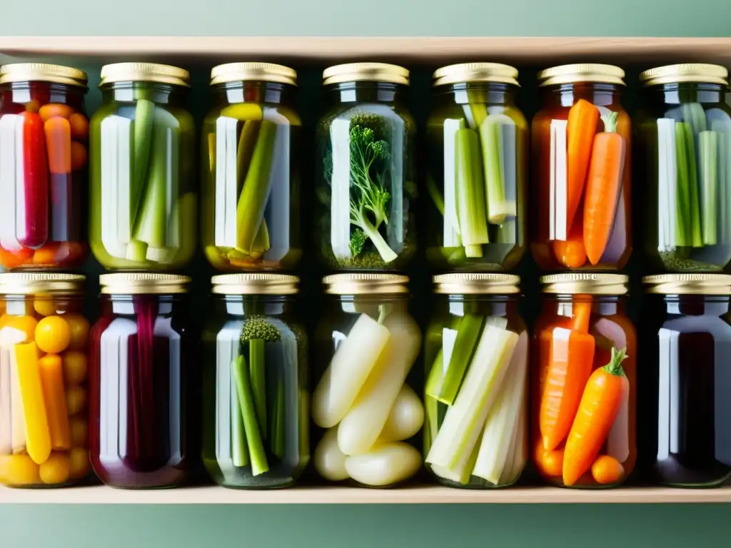 Receta de vegetales encurtidos: coloridos y detallados Un frasco transparente exhibe una variedad de encurtidos orgánicos vibrantes y coloridos, mostrando la belleza natural de los vegetales