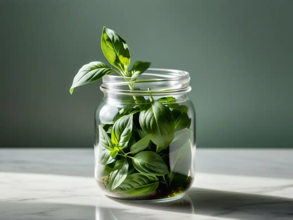 Un frasco de vidrio con hojas de albahaca orgánica vibrante, iluminado suavemente, sobre una encimera de mármol blanco