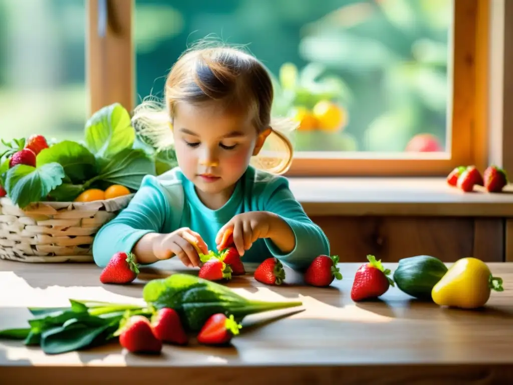 Niño eligiendo una fresa madura entre frutas y verduras coloridas, resaltando el impacto de los alimentos orgánicos en niños