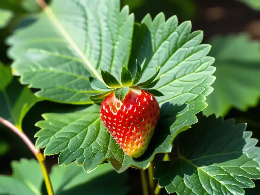 Una fresa madura y vibrante descansa en hojas verdes exuberantes, irradiando belleza natural y pureza