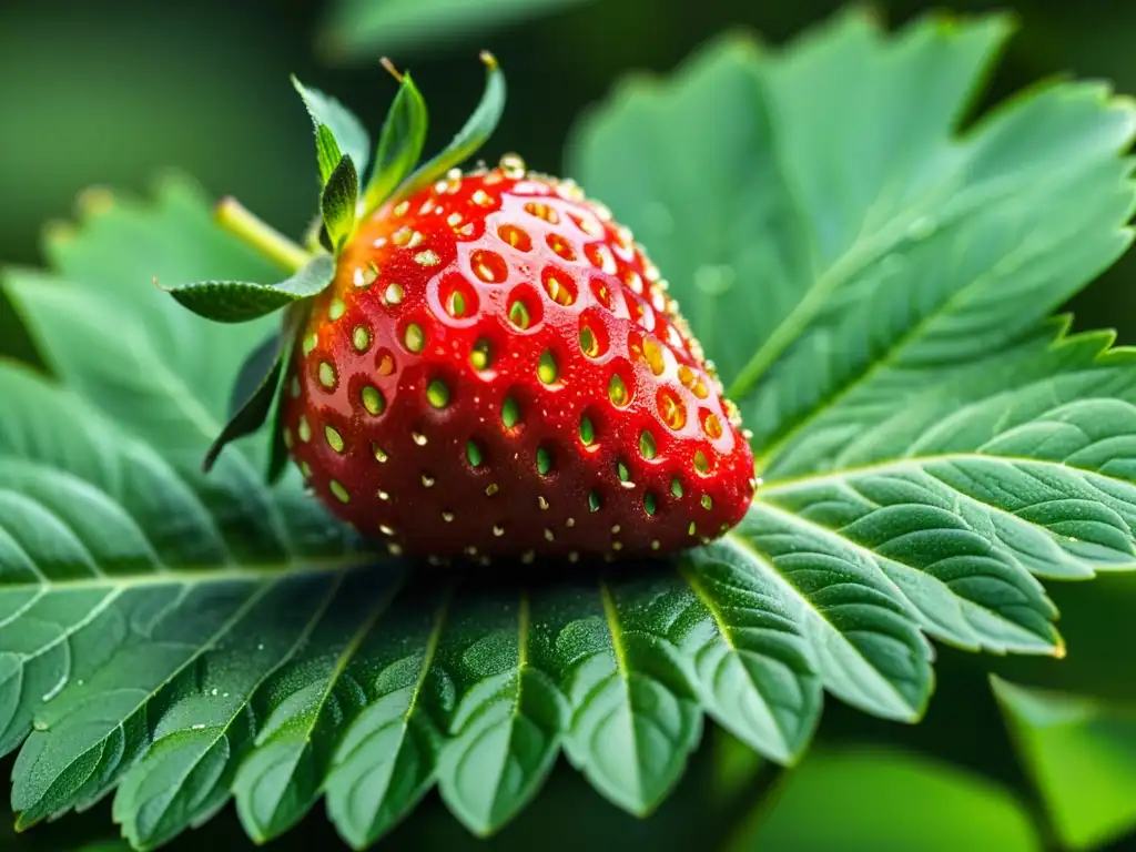 Una fresa madura y vibrante descansa sobre hojas verdes exuberantes, destacando la alimentación orgánica para una mente consciente