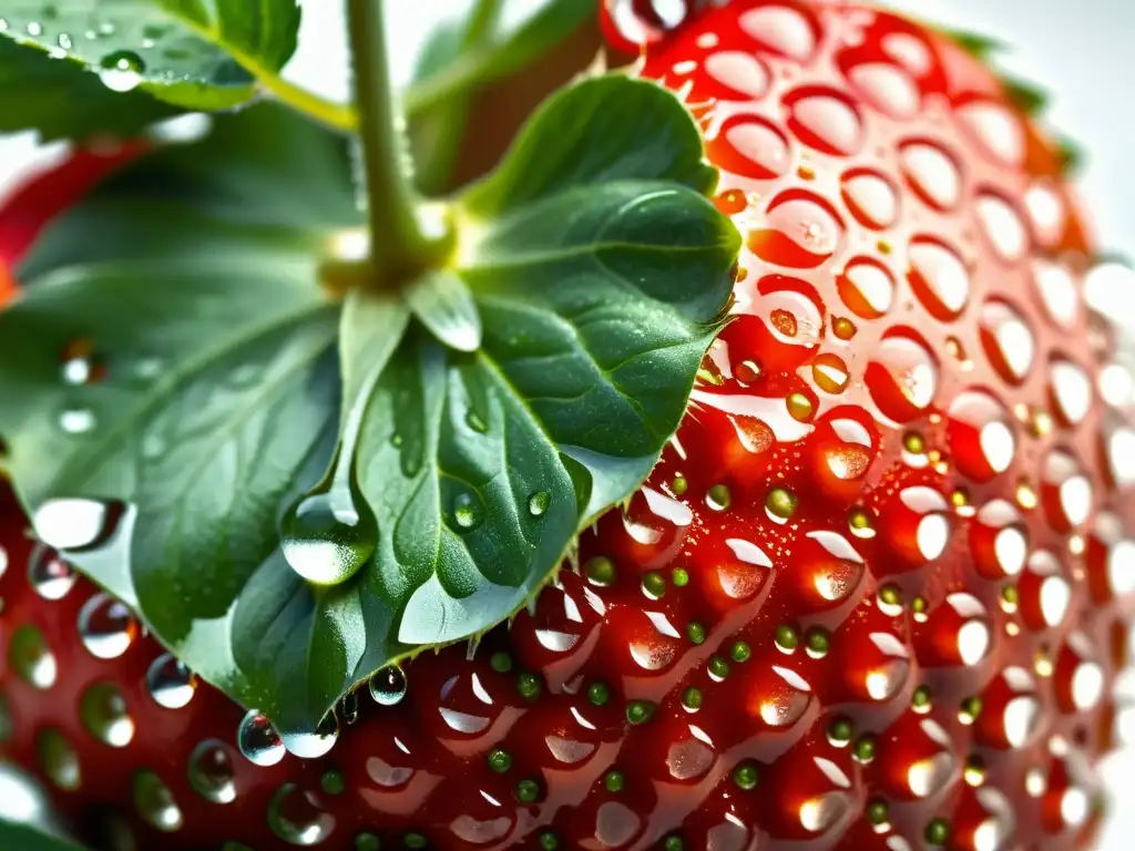 Una fresa orgánica detallada con gotas de agua, mostrando su belleza natural para la verificación de autenticidad de alimentos orgánicos