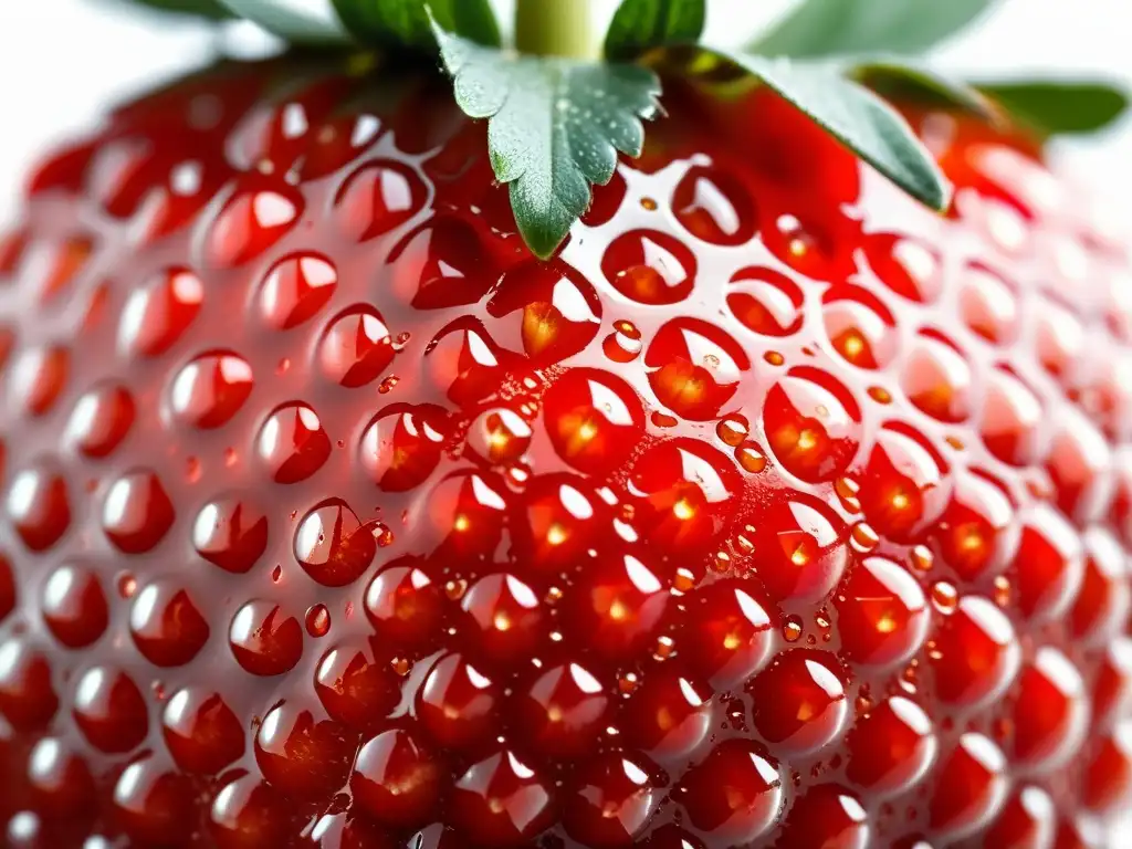 Una fresa orgánica perfectamente madura, con gotas de agua brillantes, destacando su intenso color rojo