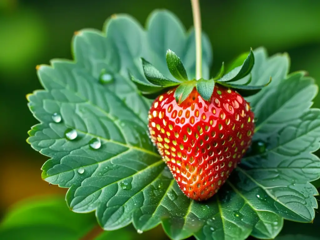 Una fresa orgánica perfectamente madura sobre hojas verdes, exudando frescura y belleza natural