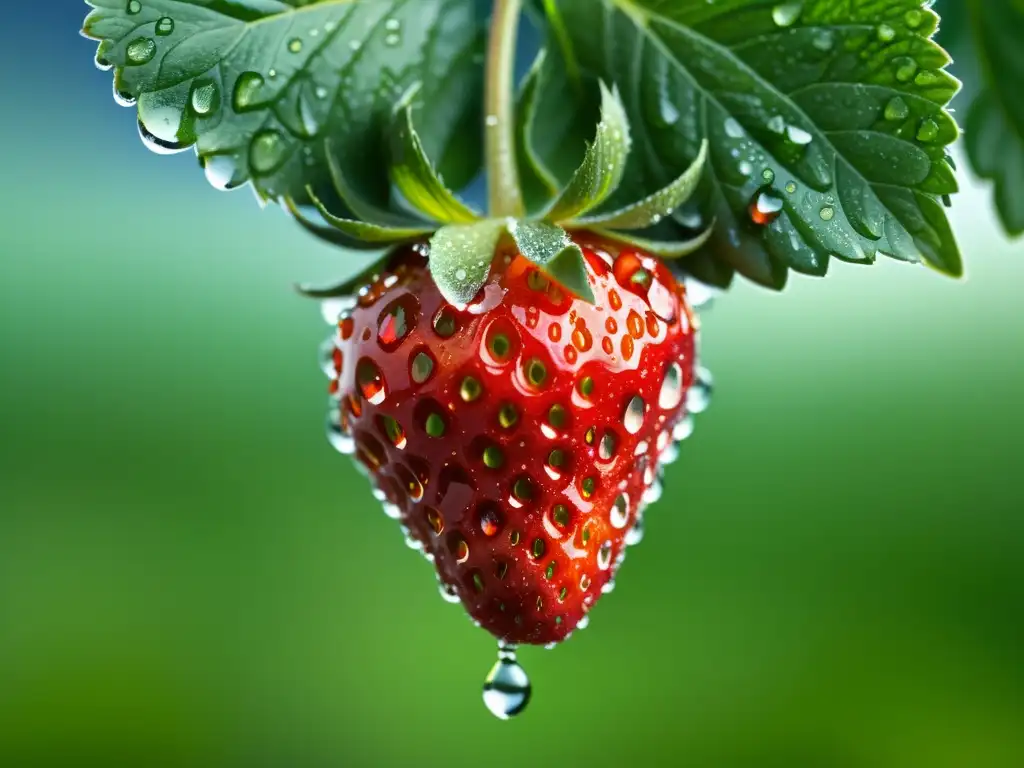 Una fresa orgánica recién recogida con gotas de agua, resaltando la belleza natural y la conexión con la naturaleza