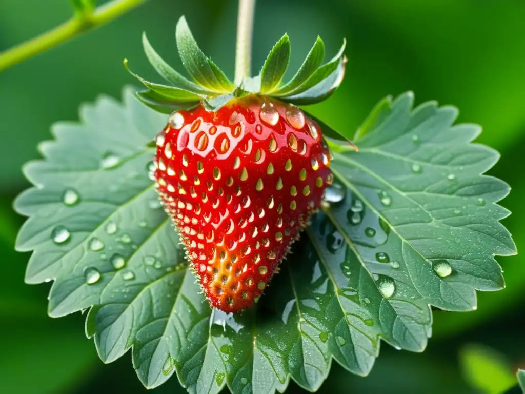 Una fresa roja y vibrante con gotas de agua, sobre hojas verdes