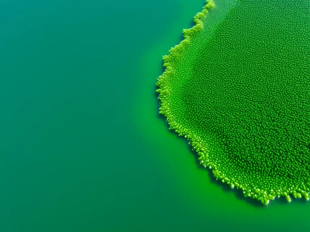 Fuentes de nutrientes para alimentos orgánicos: Detalle de vibrantes algas espirulina verdes en agua clara, con burbujas y patrones reflejados