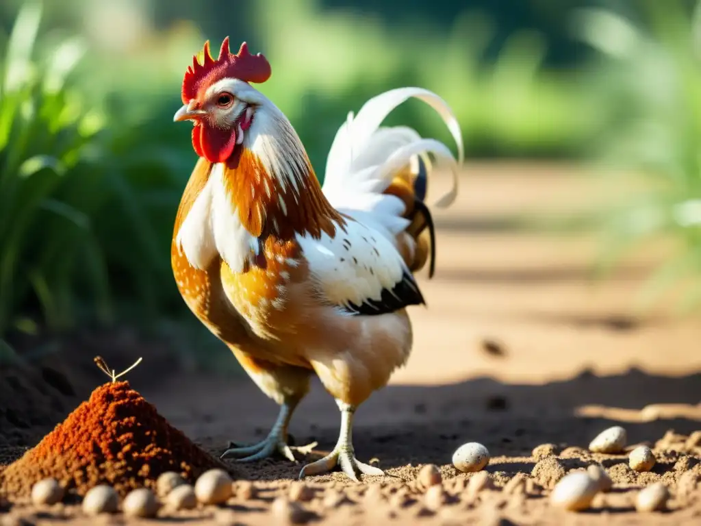 Un gallina feliz picoteando en un entorno natural