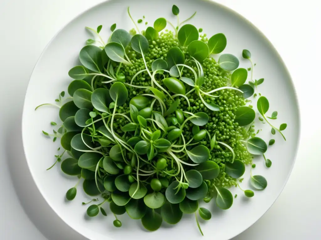 Patrón geométrico de brotes orgánicos y microgreens en plato blanco, reflejando frescura y belleza natural