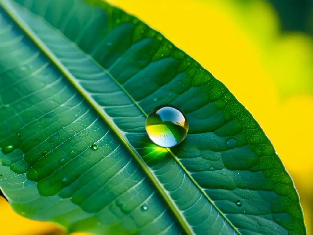 Una gota de agua cristalina descansa sobre una hoja verde vibrante, con un patrón hipnótico