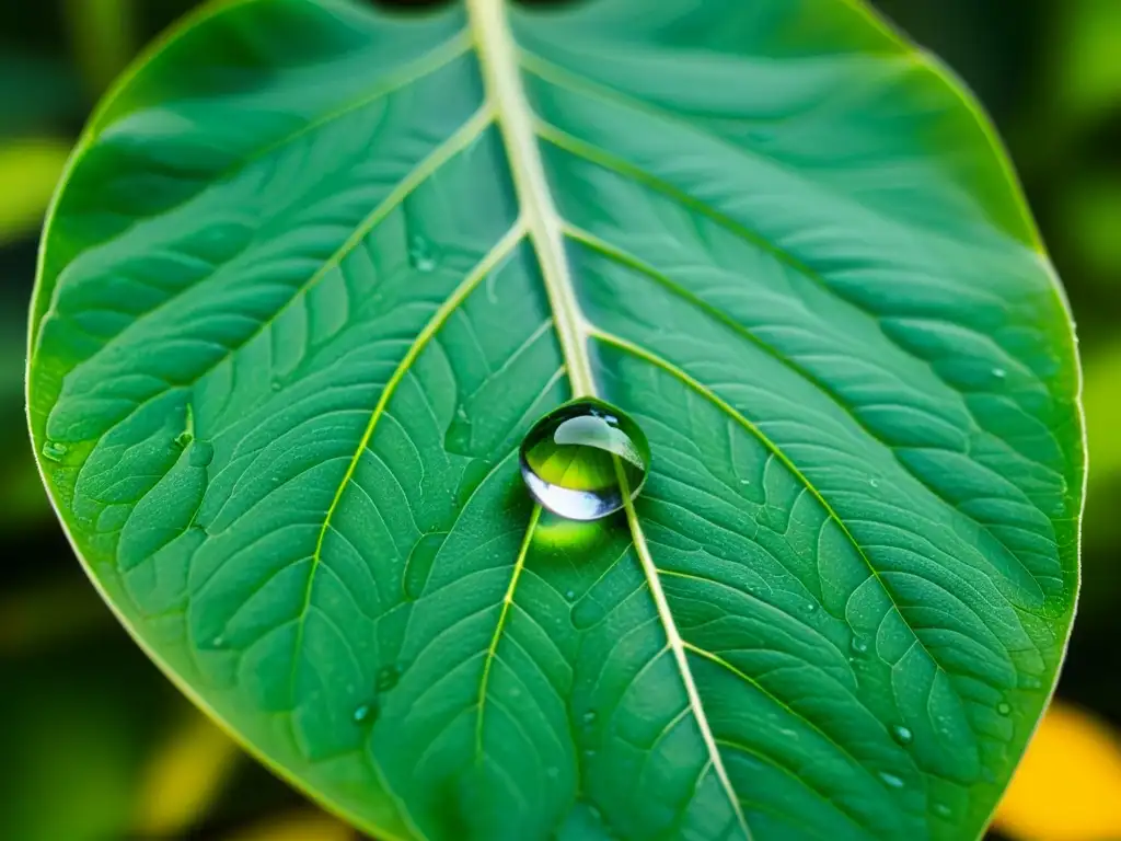 Una gota de agua cristalina reposa delicadamente en una hoja verde vibrante, reflejando el follaje circundante con impresionante claridad