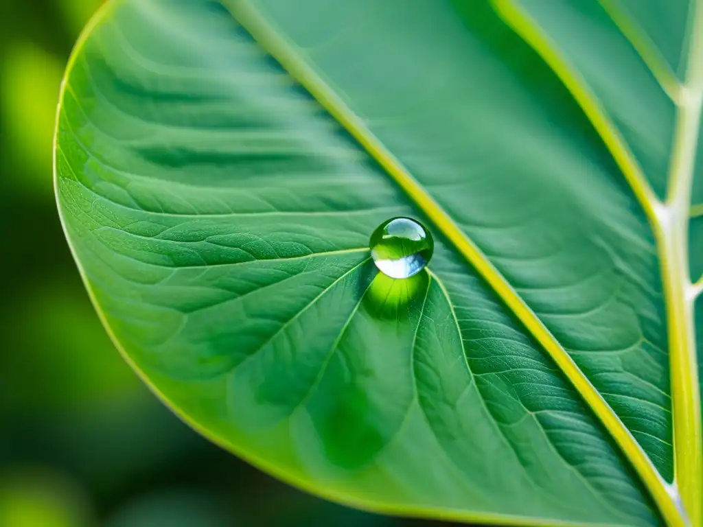 Una gota de agua sobre una hoja verde vibrante, reflejando su entorno