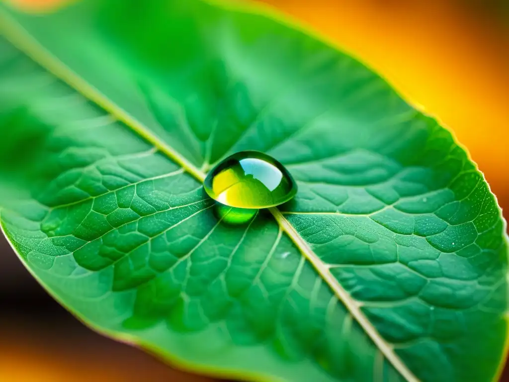 Una gota de agua sobre una hoja verde, reflejando el entorno