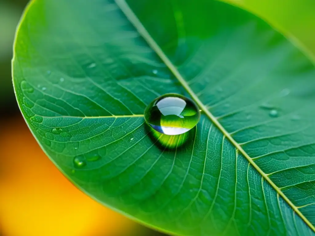 Una gota de agua suspendida en una hoja verde vibrante, reflejando la naturaleza y las venas de la hoja